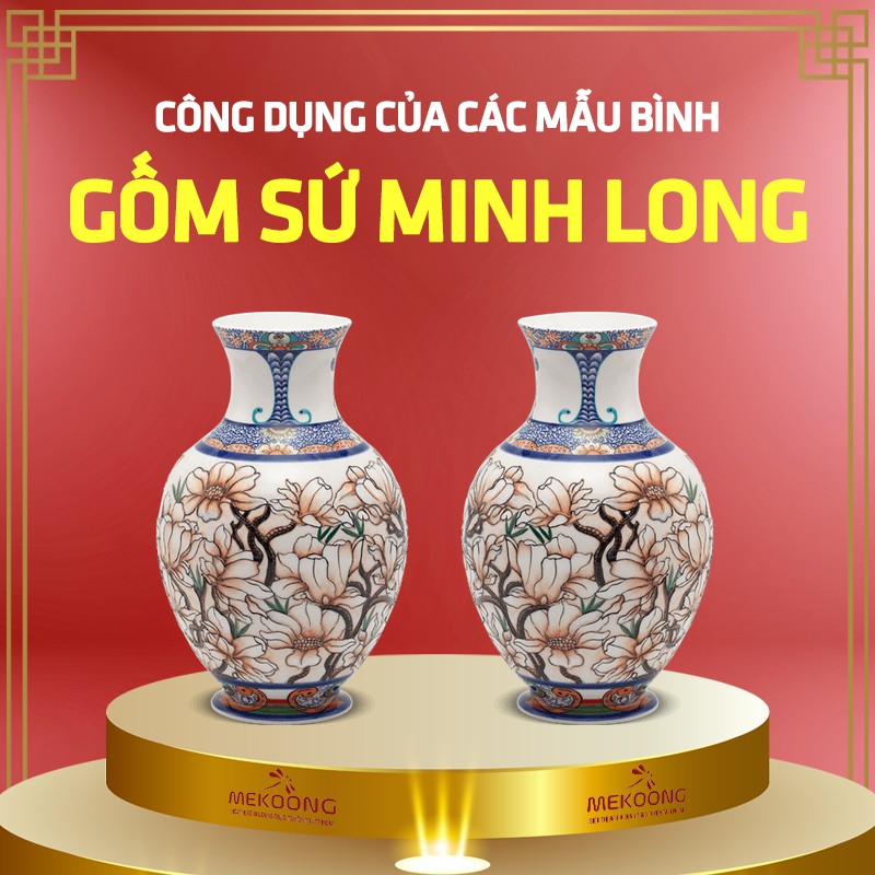 Quà Tặng Bình hoa Minh Long Lộc Phát – Sen Vàng Nền Vàng – Cao 28cm