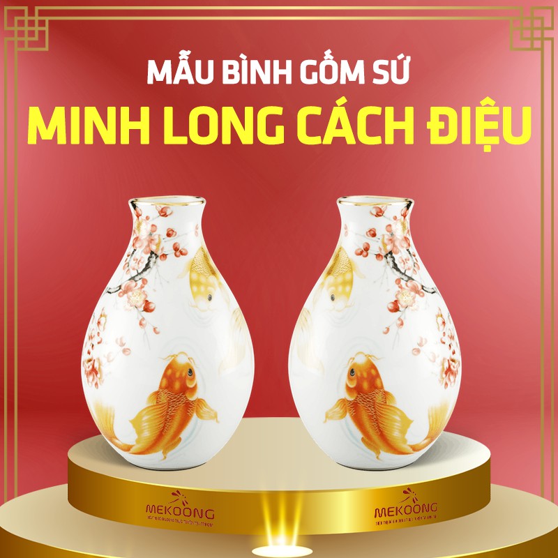 Quà Tặng Bình hoa Minh Long Lộc Phát – Sen Vàng Nền Vàng – Cao 28cm