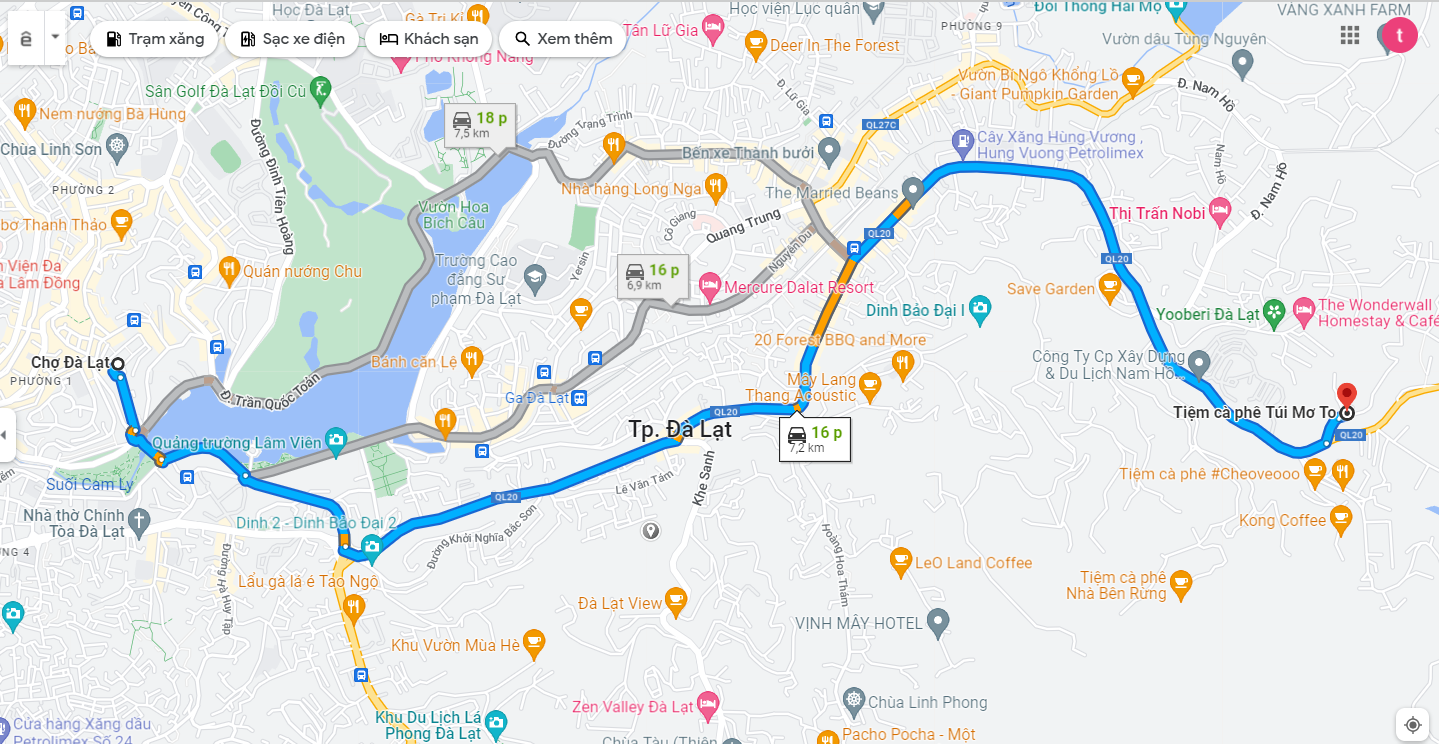 bản đồ đường đi từ Chợ Đà Lạt đến Tiệm Cà Phê Túi Mơ To