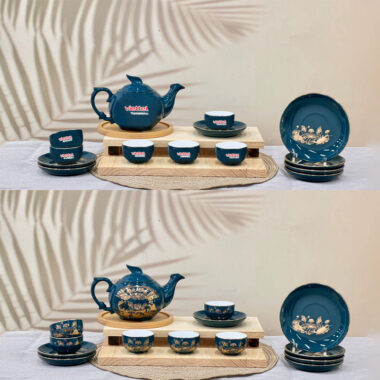 Bộ ấm trà dĩa lót xanh ngọc vẽ vàng hoa sen in logo Viettel ATILGMK8