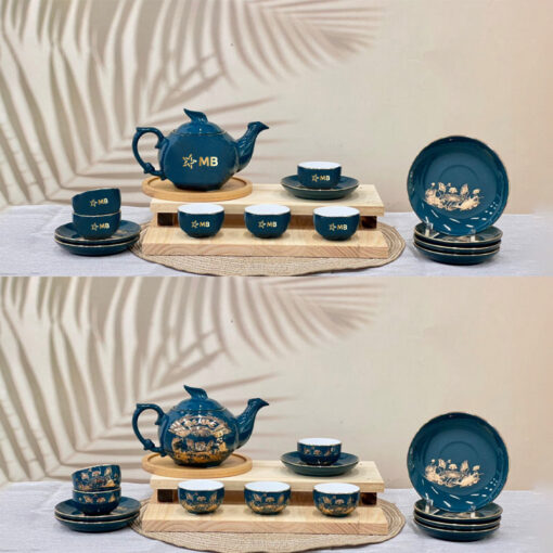 Bộ ấm trà dĩa lót xanh ngọc vẽ vàng hoa sen - logo MB ATILGMK76