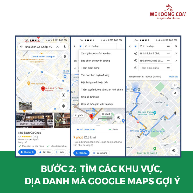 bước 2 tìm các khu vực, địa danh mà Google Maps gợi ý